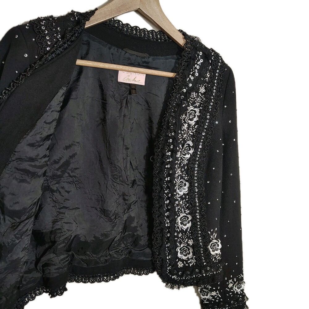 Escada Couture Sequin Beaded Jacket Size 38 Black Floral Evening Cocktail Glam - Picture 6 of 16